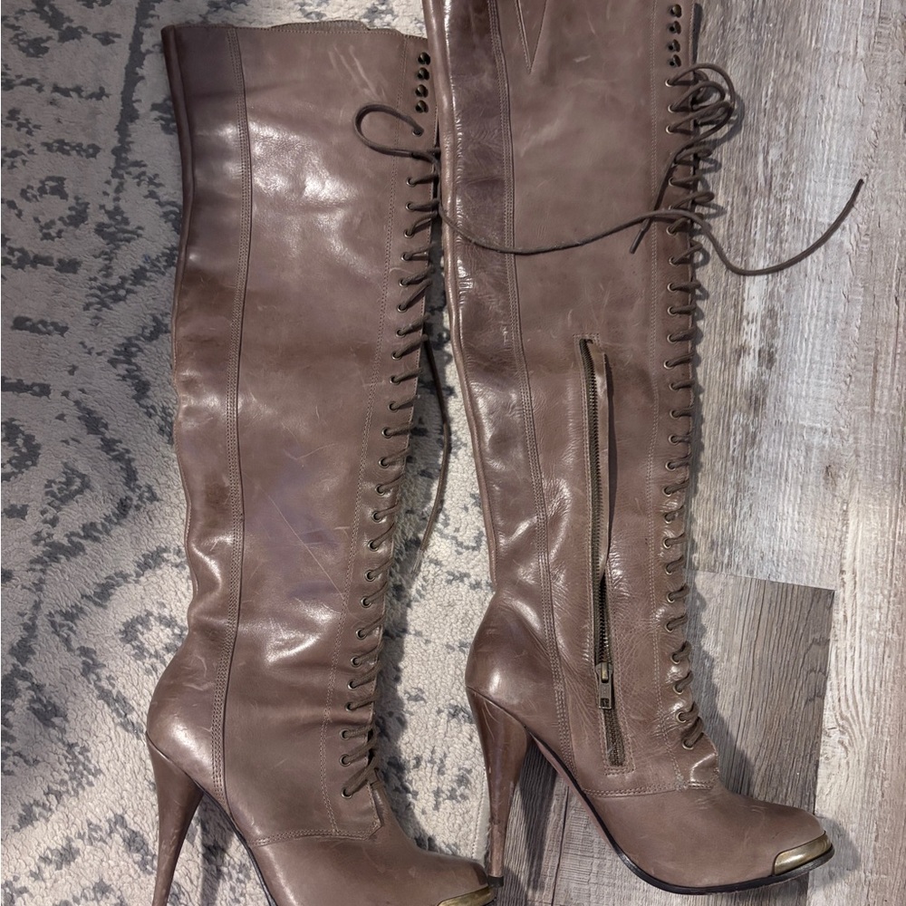 Joie Brown Over the Knee Lace-Up Boots